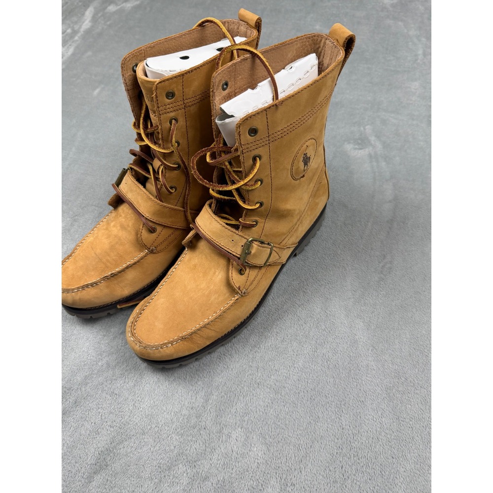 Polo Ralph Lauren Ranger Boots Mens Tan Leather Buckle Strap Lug Sole size 14D